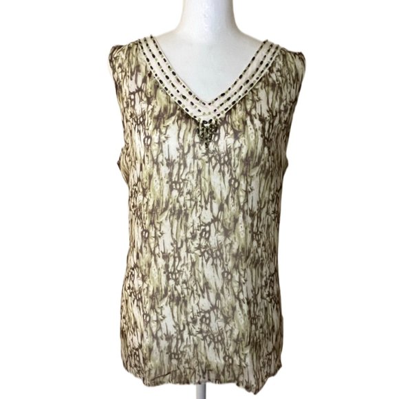 Bob Mackie Tops - Bob Mackie Studio Cream, Brown & Green Lined Sleeveless 100% Silk Top  Size 6
